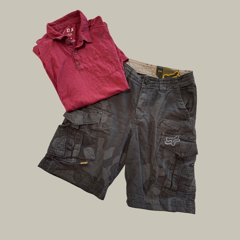 Fox Racing Mens Outfit Burgundy Polo Shirt Medium & Black Grey Cargo Shorts 30